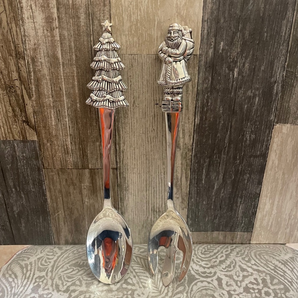 VTG Wallace Christmas Silverplated Salad Serving Set Santa Tree‎ Spoon Fork